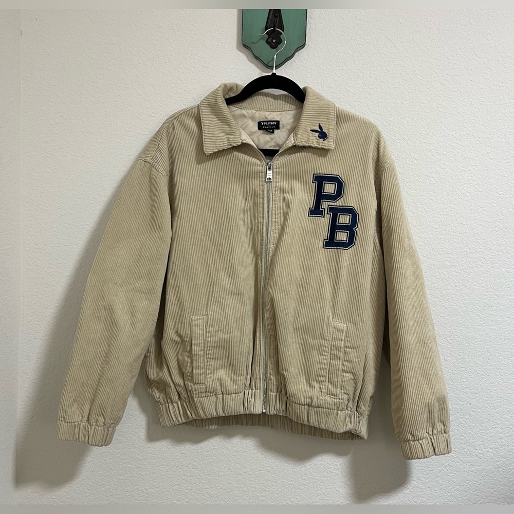 PacSun Beige Corduroy Varsity Jacket with Navy PB Patch